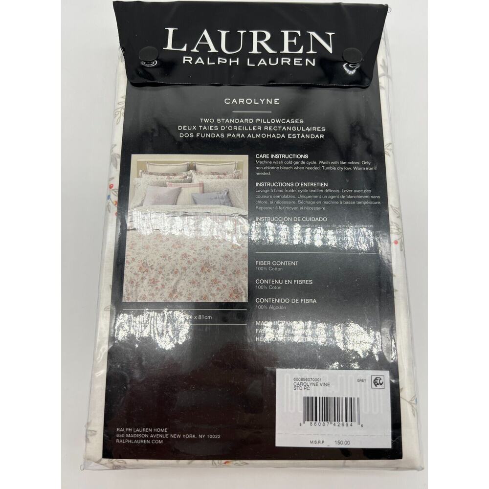 Lauren Ralph Lauren Carolyne Vine 2 Standard Pillowcases Grey NWT $150 - Picture 4 of 12
